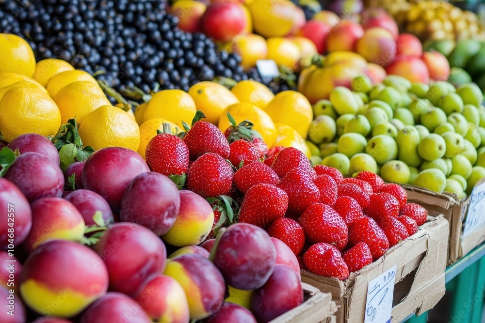 A vibrant display of fresh fruit at a market stall, featuring strawberries, plums, lemons, apples, and grapes. A vibrant display of fresh fruit at a market stall, featuring strawberries, plums, lemons, apples, and grapes.