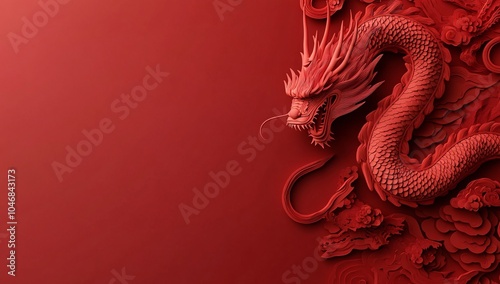 Intricate red dragon relief against a solid red background showcasing traditional Chinese artistry and symbolism