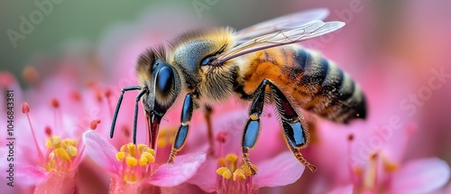 Honeybee Pollination, A close-up view of a honeybee gathering pollen from a vibrant flower, showcasing nature's intricate beauty and harmony