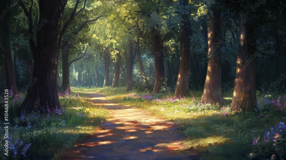 Forest path with dappled sunlight Forest path with dappled sunlight