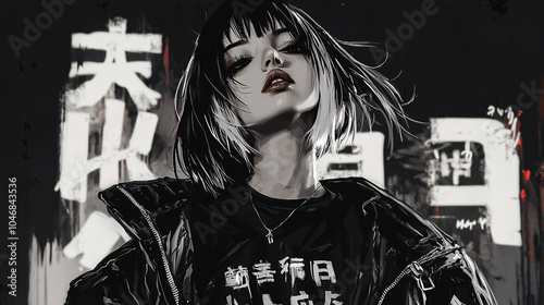 Black-and-white anime-style portrait of a female character wearing a large graphic T-shirt, with bold urban aesthetics and a gritty manga-inspired background. photo