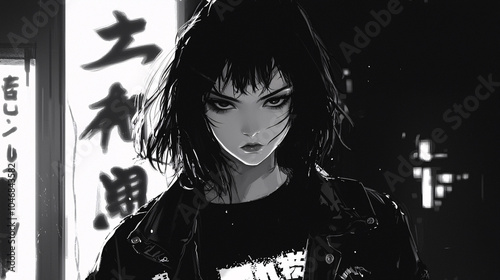 Black-and-white anime-style portrait of a female character wearing a large graphic T-shirt, with bold urban aesthetics and a gritty manga-inspired background. photo