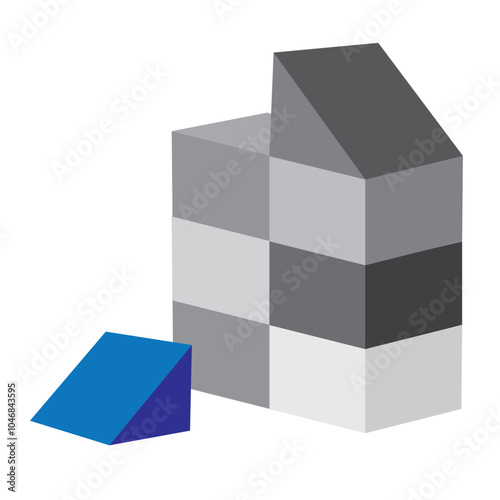 Character of brick house logo, icon, symbol. House made of blocks. Wooden cubes toy. Building blocks for kids.