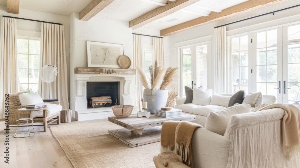 Fototapeta premium A chic and cozy living room design featuring a white canvas backdrop, Carefully selected minimal furniture, Minimalist Rustic Farmhouse style