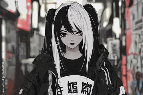 Black-and-white anime-style portrait of a female character wearing a large graphic T-shirt, with bold urban aesthetics and a gritty manga-inspired background. photo