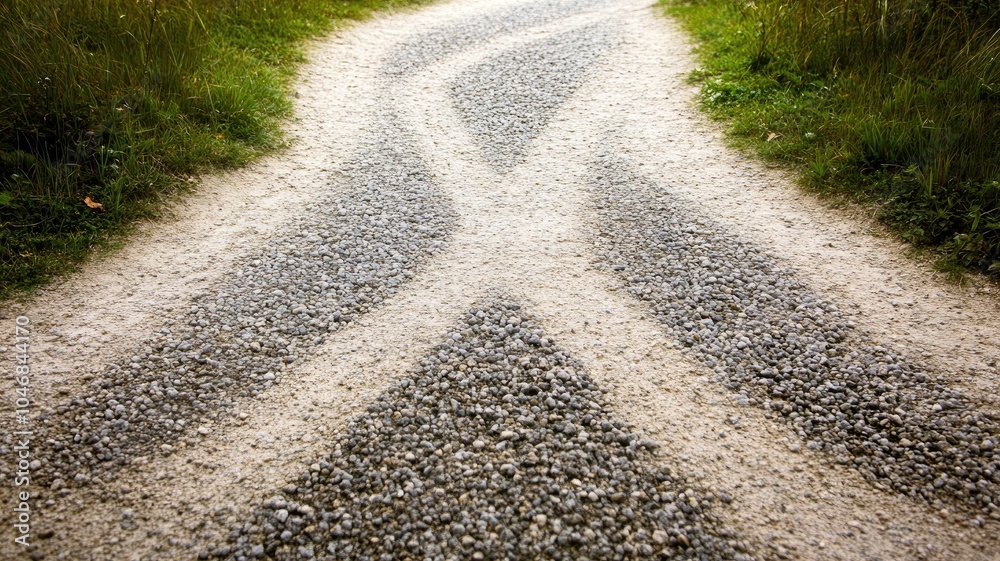 Gravel path with forked directions in green grassy area Gravel path with forked directions in green grassy area