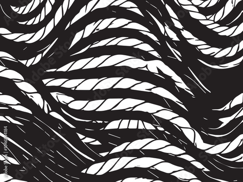 Distress grunge vector texture of wicker rope. Black and white background