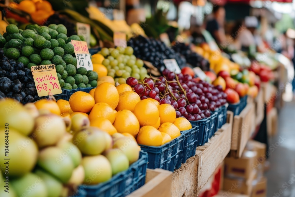 A colorful display of fresh fruit at a market stall, with a variety of grapes, oranges, limes, and apples. A colorful display of fresh fruit at a market stall, with a variety of grapes, oranges, limes, and apples.