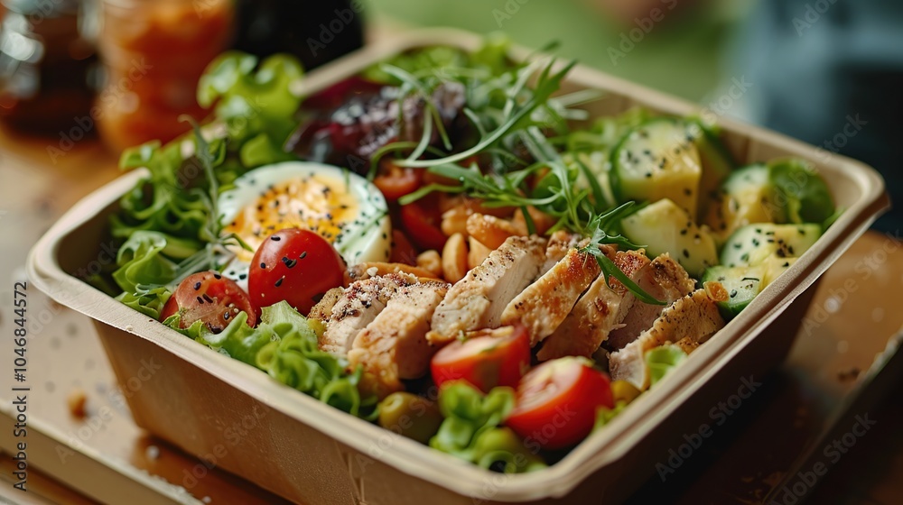 A healthy and delicious salad with grilled chicken, avocado, cherry tomatoes, cucumber, and a boiled egg in a to-go container.