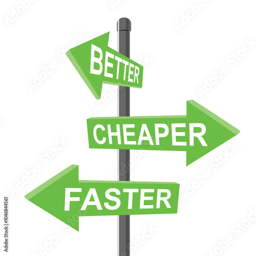Green arrows in the form of signposts that say Better, Cheaper, Faster