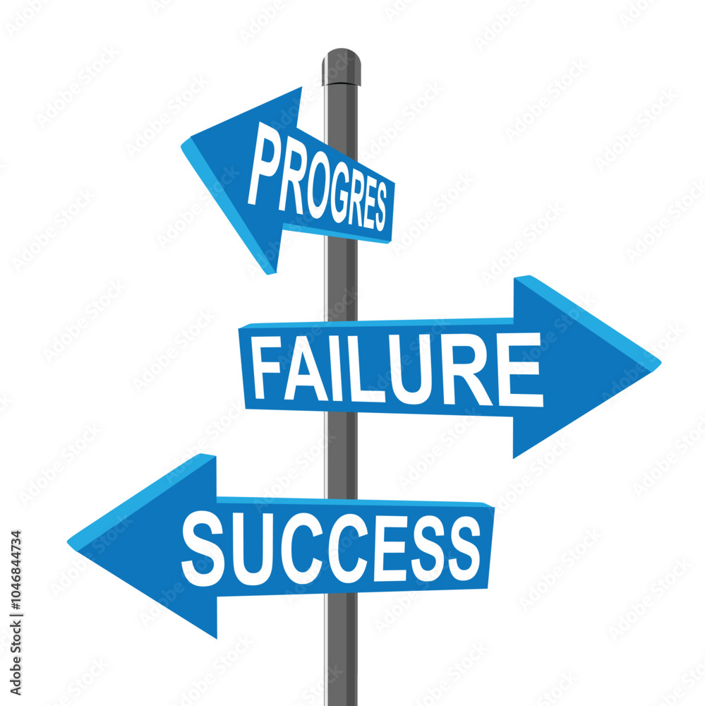 Blue arrows in the form of signposts that say Progres, Failure, Success Blue arrows in the form of signposts that say Progres, Failure, Success