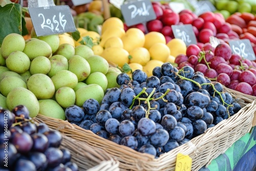 Close-up of fresh fruits and grapes in wicker baskets at a market stall.