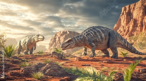 A pair of Iguanodons foraging for food in a vibrant, prehistoric landscape