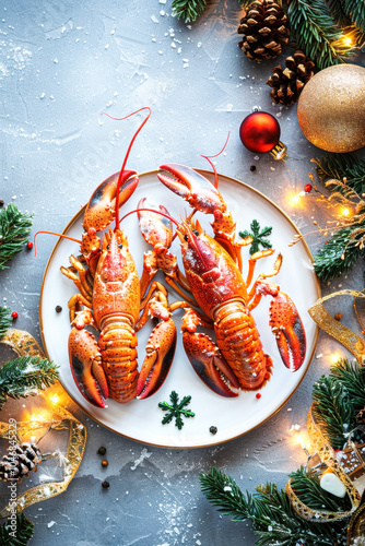 Festive lobster dinner with holiday decorations and pine cones