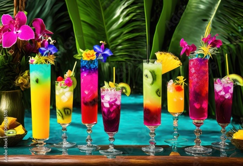 exotic vibrant tropical cocktails adorned colorful garnishes featuring fresh fruits decorative elements, chocolate, drink, mocktail, beach, refreshment photo