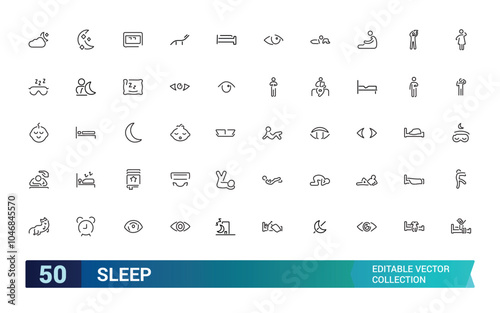 Set of outline icons related to sleep. Line icon collection. Editable stroke. Flat symbol for web and ui. Pixel perfect. Vector illustration