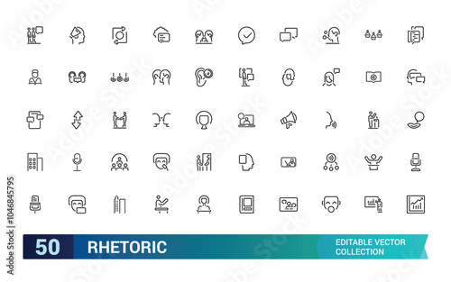 Rhetoric icons set outline vector. Related to Language, spoken, audience, audio and more. Outline vector icon. Outline icon collection. Editable stroke.