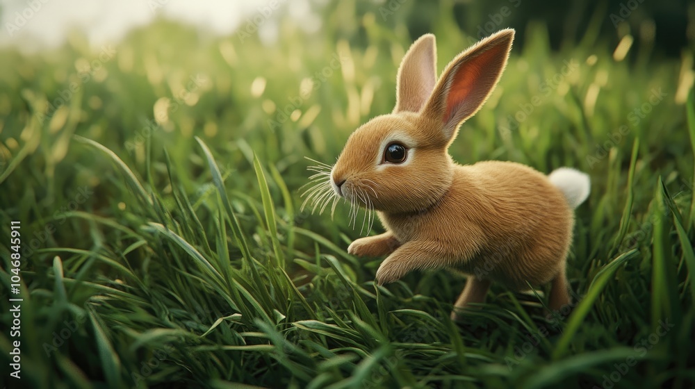 Fototapeta premium A playful bunny hopping through a field of tall grass