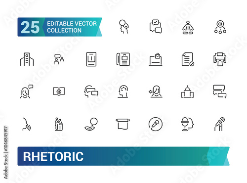 Rhetoric icons set outline vector. Related to Language, spoken, audience, audio and more. Outline vector icon. Outline icon collection. Editable stroke.