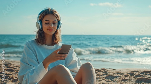 Young woman wear shirt casual clothes headphones sits listen to music use mobile cell phone listen music rest on sea ocean sand shore beach outdoor seaside in summer day free time. generative ai #1046846561