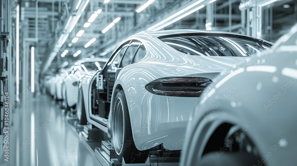 Obraz premium 3d render of a car in a car factory, car production line. Automotive industry.