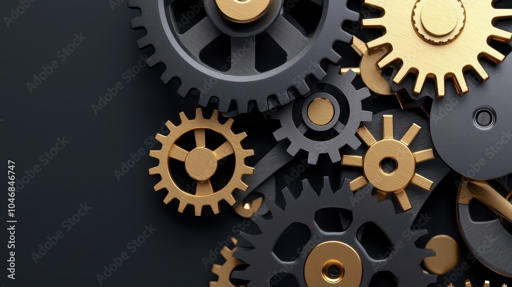 Golden and black gears on dark surface, isolated background. Golden and black gears on dark surface, isolated background.