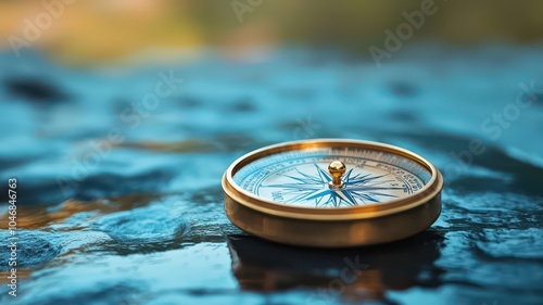 Golden compass resting on water surface, exploring direction.