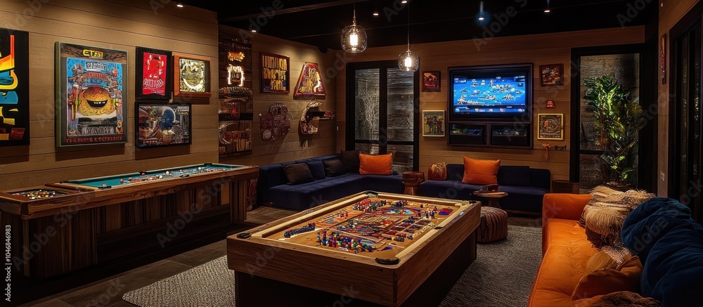 A modern game room with a pool table, a foosball table, a large screen tv, and a comfortable couch. A modern game room with a pool table, a foosball table, a large screen tv, and a comfortable couch.