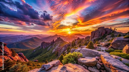 Breathtaking Mountain Sunset Landscape with Rocky Terrain - Majestic Peaks, Vibrant Colors, and Tranquil Atmosphere for Nature Lovers and Adventure Seekers