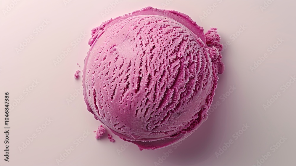 A single scoop of pink ice cream on a white background, viewed from above. A single scoop of pink ice cream on a white background, viewed from above.