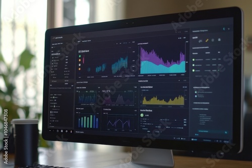 A close-up shot of a computer screen displaying a dashboard with various graphs and charts in a dark mode theme.