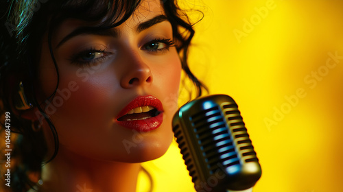 Close-up of a woman with black hair and bright red lips singing into a microphone on a yellow background