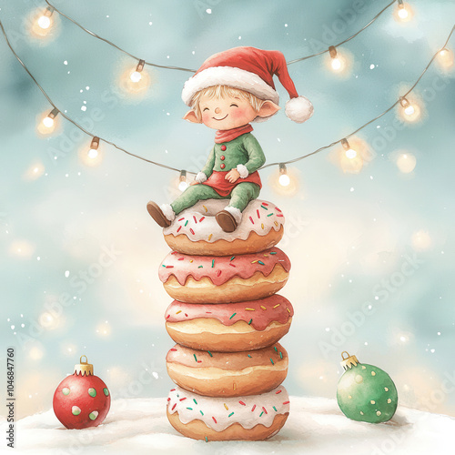 Watercolor Christmas elf with donuts concept. A festive elf sits atop a stack of colorful donuts surrounded by holiday lights and ornaments evoking a cheerful winter scene photo