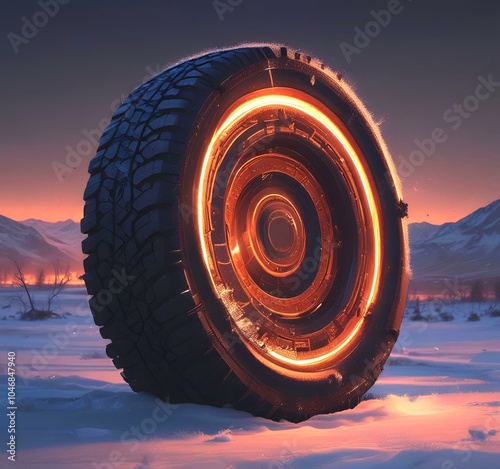 Illustration of winteer tire with  glowing techno effect. photo