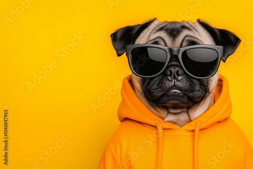 A pug dog wearing sunglasses and an orange hoodie, against a yellow background, with copy space.
