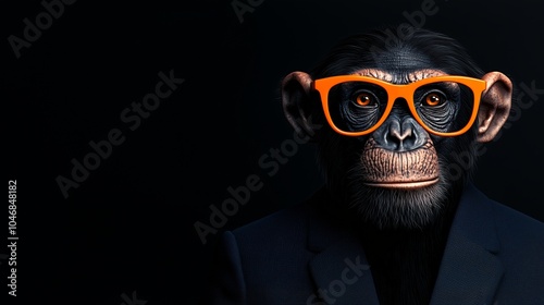 Portrait of a smart chimpanzee wearing orange glasses and a business suit against a black background, isolated with copy space.