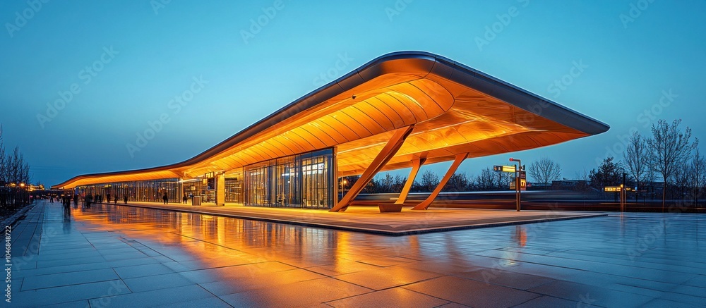 Fototapeta premium Modern architecture, a building with a curved roof, lit up at night.