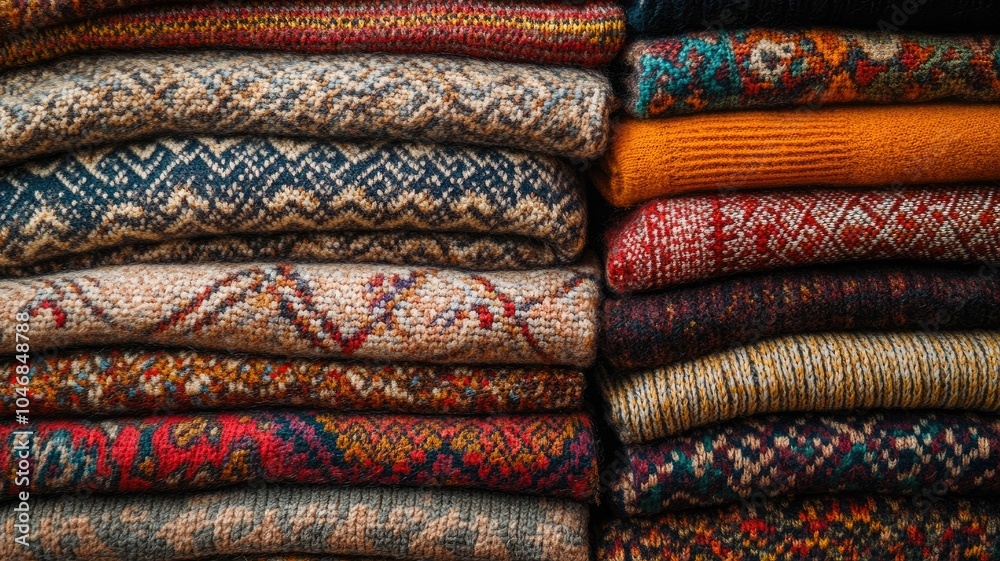 Stack of various colorful knitted sweaters neatly folded Stack of various colorful knitted sweaters neatly folded