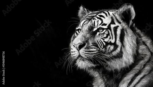 Ausdrucksstarkes Portrait eines Tiger, dargestellt als schwarz weiße Kohlezeichnung mit Platz für Text. photo