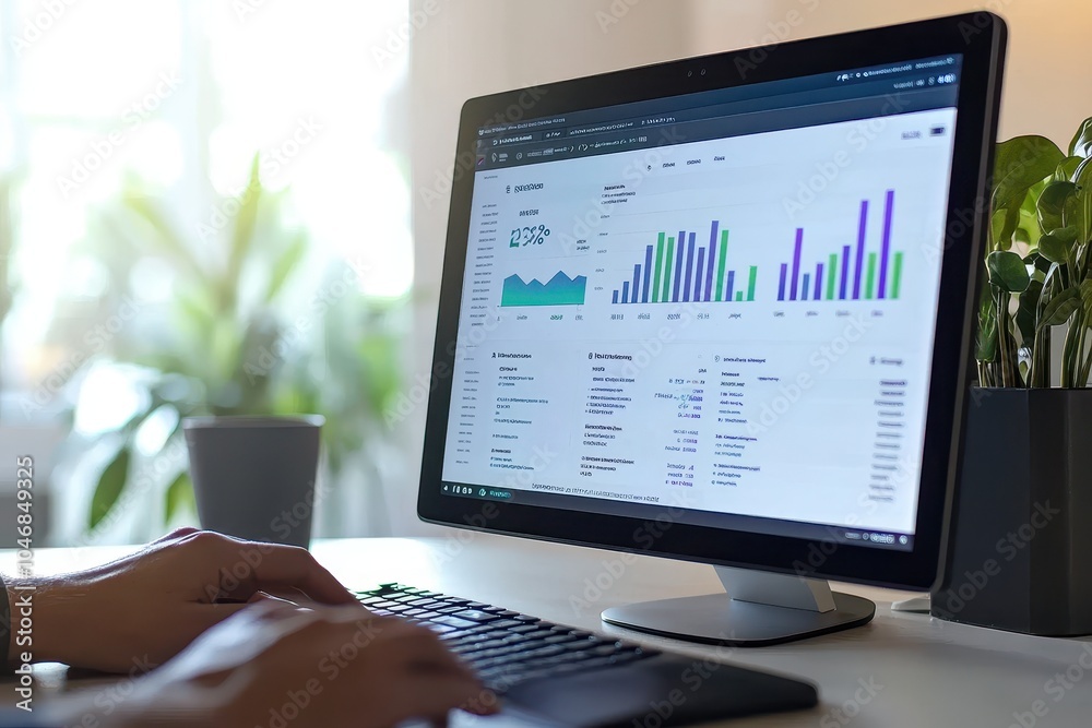 A person's hands are typing on a keyboard in front of a computer monitor displaying charts and graphs. A person's hands are typing on a keyboard in front of a computer monitor displaying charts and graphs.