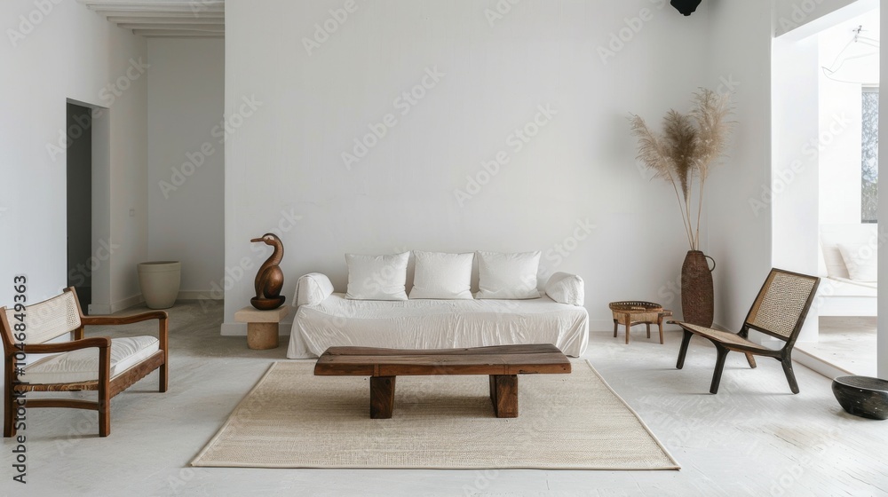 A chic and minimal living room design showcasing a white canvas backdrop, Strategically placed minimal furniture, Mediterranean minimalist style A chic and minimal living room design showcasing a white canvas backdrop, Strategically placed minimal furniture, Mediterranean minimalist style
