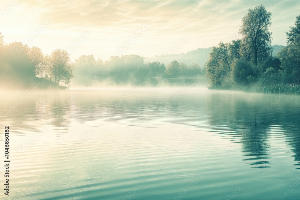 Fototapeta premium The lake is enveloped in mist, with gentle ripples on the surface as trees frame the serene landscape at dawn. Generative AI