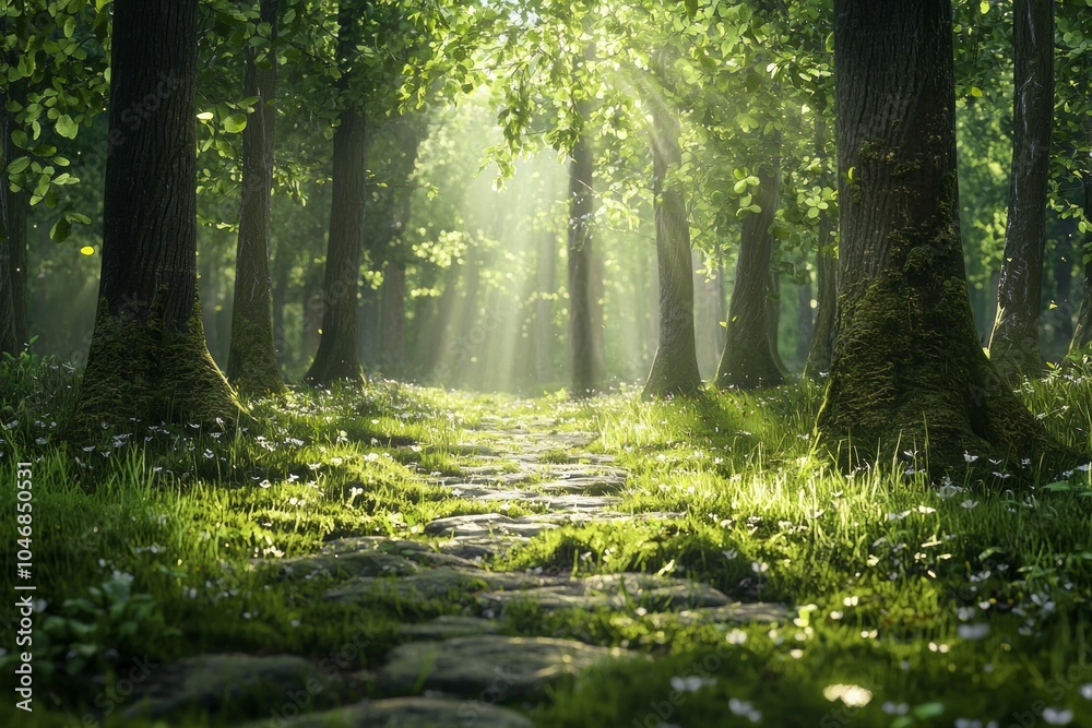 Fototapeta premium A beautiful forest with tall trees and sunlight shining through the leaves. There is an old stone path in front of it and grassy meadows on both sides. 