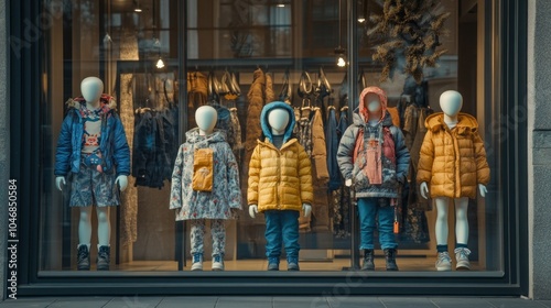 A window display of children's clothing with a variety of styles and colors