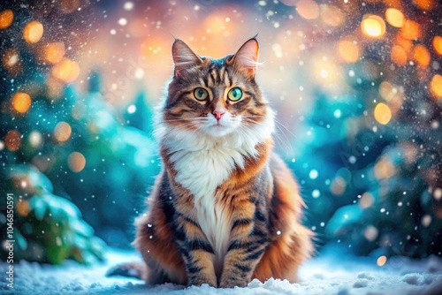 Cool Cat in Winter Wonderland: Adorable Feline in Snowy Landscape, Cozy Scenery, Winter Vibes, Bokeh Effect, Furry Friends, Seasonal Charm, Whimsical Cat