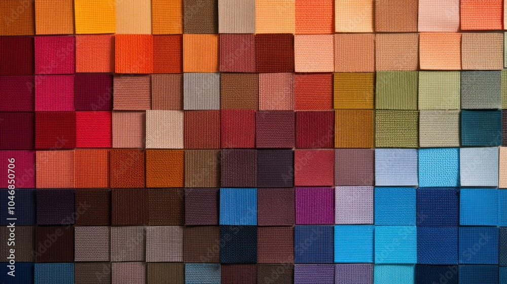 A full set of colorful fabric swatches arranged neatly on a flat surface, A full set of colorful fabric swatches arranged neatly on a flat surface,