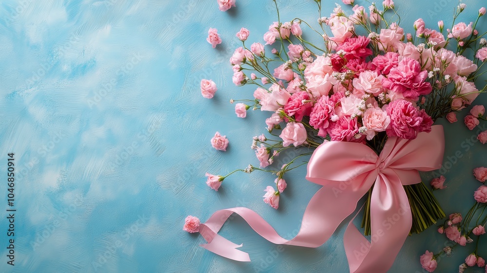 Obraz premium Pink bouquet of flowers with a pink ribbon on a light blue background