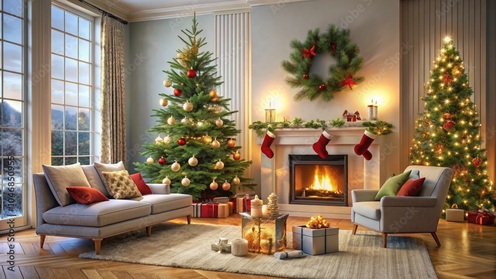 Cozy Modern Christmas Living Room with Neutral Tones, Decorated Tree, and Festive Fireplace for Holiday Cheer and Warmth in a Minimalist Design Cozy Modern Christmas Living Room with Neutral Tones, Decorated Tree, and Festive Fireplace for Holiday Cheer and Warmth in a Minimalist Design