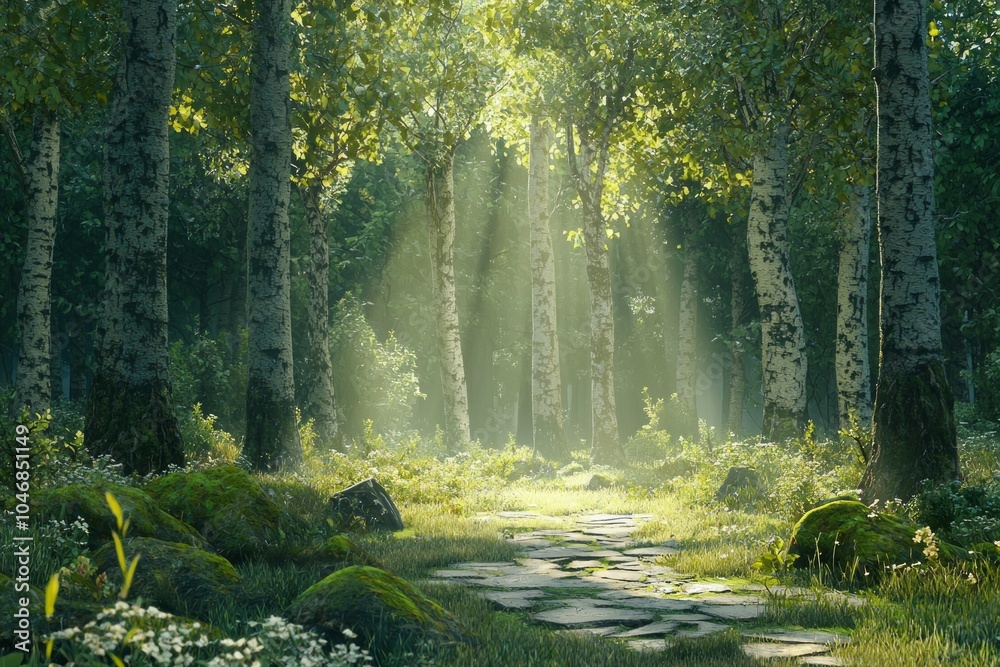 Obraz premium A beautiful forest with tall trees and sunlight shining through the leaves. There is an old stone path in front of it and grassy meadows on both sides. 