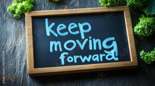 A chalkboard with the words Keep moving forward written in white chalk, surrounded by green leafy vegetables on a wooden background